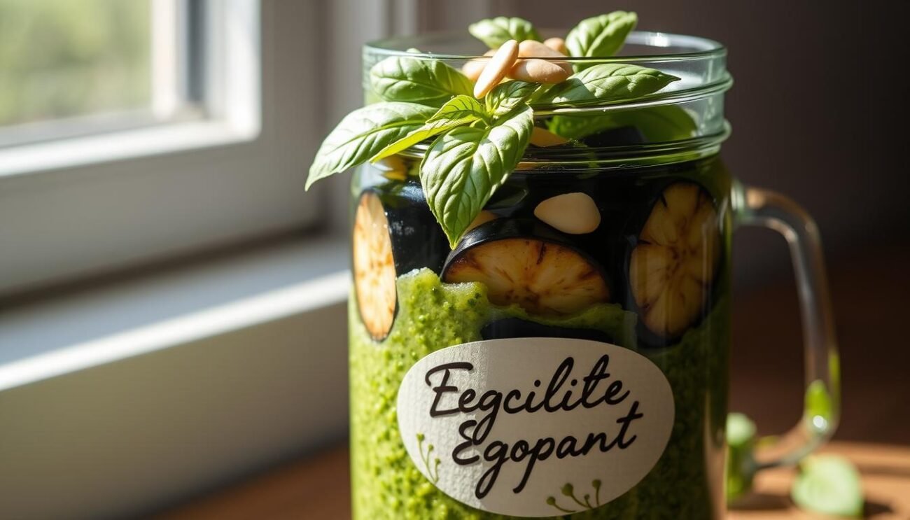 A glass jar filled with vibrant green pesto, floating with roasted eggplant slices. The jar is illuminated by natural, soft lighting filtering through a window, casting gentle shadows. The pesto's texture is smooth and creamy, inviting a taste. Atop the pesto, basil leaves and a sprinkle of pine nuts add a rustic, homemade aesthetic. The jar's label features a hand-written script, highlighting the artisanal nature of this Sicilian summer recipe. The overall composition evokes a sense of authentic, Mediterranean culinary tradition, ready to be preserved and savored.