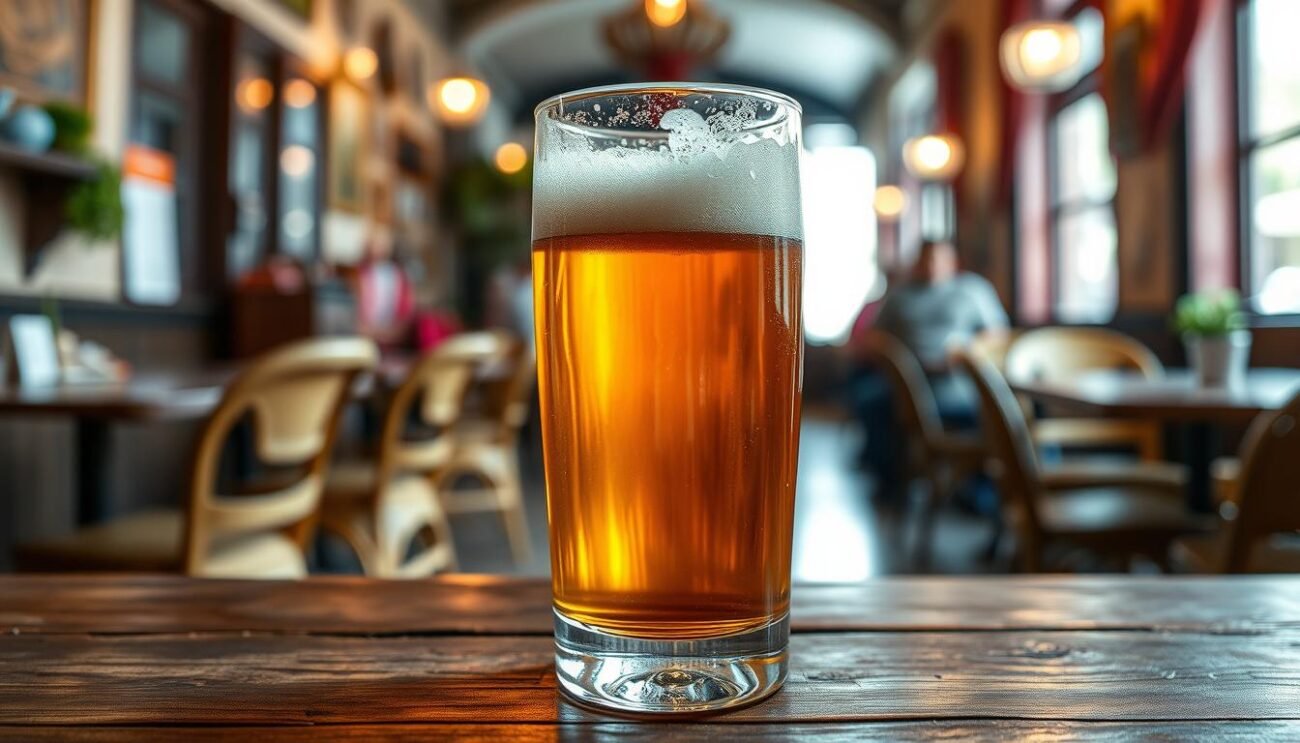 A glass of amber-hued beer, its effervescent head gently swirling, resting atop a rustic wooden table. The light filters through the liquid, casting a warm, inviting glow. In the background, a soft focus of a cozy Italian cafe, with vintage chairs and lively chatter. The scene conveys a sense of comfort, tradition, and the nuanced complexity of the beer's body - a delicate balance of malt, hops, and yeast that defines the distinctive character of this beverage. The composition is carefully framed, with a shallow depth of field to draw the viewer's attention to the central focus - the captivating "corpo della birra" at the heart of this image.