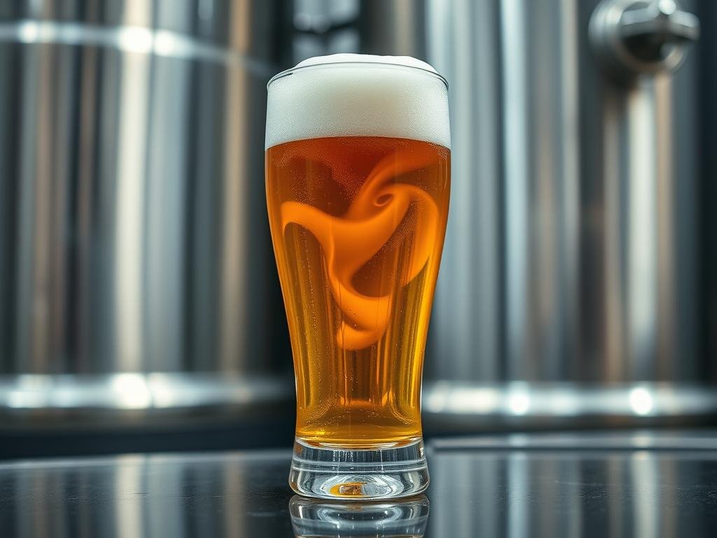 A glass of foaming craft beer with a delicate foam head, carefully poured against a backdrop of stainless steel fermentation tanks. The amber liquid swirls, revealing an intricate bouquet of aromas - from earthy hops to subtly sweet malts, all in perfect harmony. Soft, directional lighting accentuates the beer's clarity and highlights the complex interplay of colors, hinting at the beer's maturation and evolution. Capture the essence of the "Evoluzione degli Aromi e Controllo dei Difetti" section, showcasing the artisanal craft and attention to detail that go into creating a masterful homemade beer.