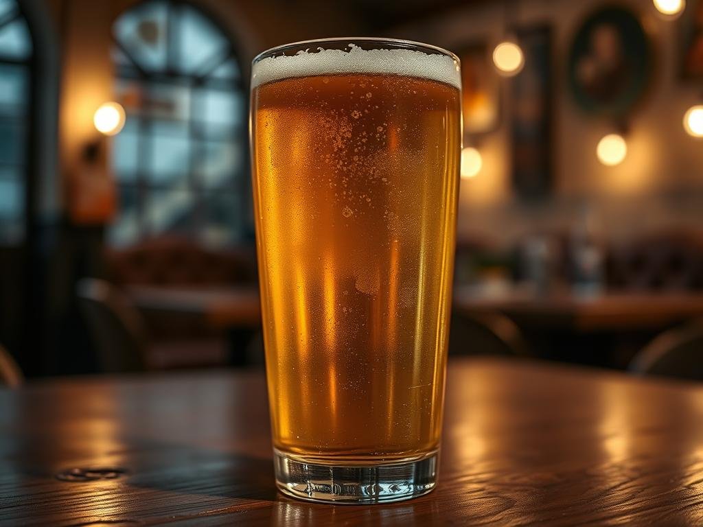 A glass of unfiltered, hazy beer sitting on a wooden table, illuminated by soft, warm lighting. Closer inspection reveals small impurities and bubbles, suggesting potential off-flavors. The background is blurred, with hints of a cozy, rustic Italian cafe setting, evoking a sense of thoughtful analysis. The composition emphasizes the glass, drawing the viewer's attention to the subtle details that distinguish a well-crafted beer from one with flaws. The overall mood is one of contemplation and understanding the complexities of the brewing process.