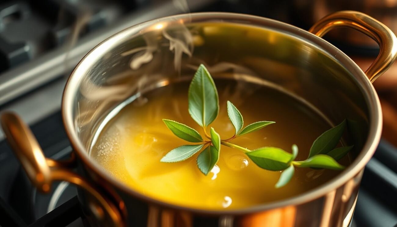 A gleaming copper pot simmers gently on a stovetop, wisps of fragrant steam rising from the melted butter within. Delicate sage leaves glisten in the soft, warm light, their vibrant green hues complementing the rich, golden liquid. The scene exudes a sense of rustic simplicity and culinary mastery, inviting the viewer to imagine the effortless preparation of a classic Italian dish. The camera captures the scene from a slightly elevated angle, showcasing the elegant presentation and the care taken in the preparation. The overall mood is one of cozy, homespun comfort, perfectly reflecting the essence of "Burro e Salvia: La Ricetta Classica Semplice e Veloce" and the section titled "Consigli per la Perfetta Cottura".