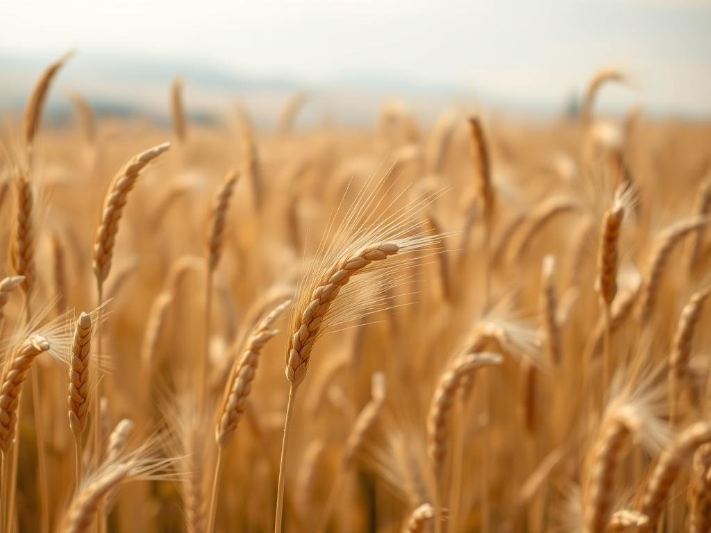 A golden field of organically grown farro spikelet, its warm hues illuminated by soft, natural lighting. In the foreground, the whole grain kernels stand out with their distinct, elongated shape and tanned, textured skin. The middle ground reveals the delicate, feathery stalks swaying gently, creating a sense of tranquility. In the background, a hazy, pastoral landscape unfolds, suggesting the humble origins and traditional cultivation of this ancient Italian cereal. The overall composition evokes the rustic, yet nourishing essence of farro integrale, ready to be transformed into a array of wholesome, flavorful dishes.