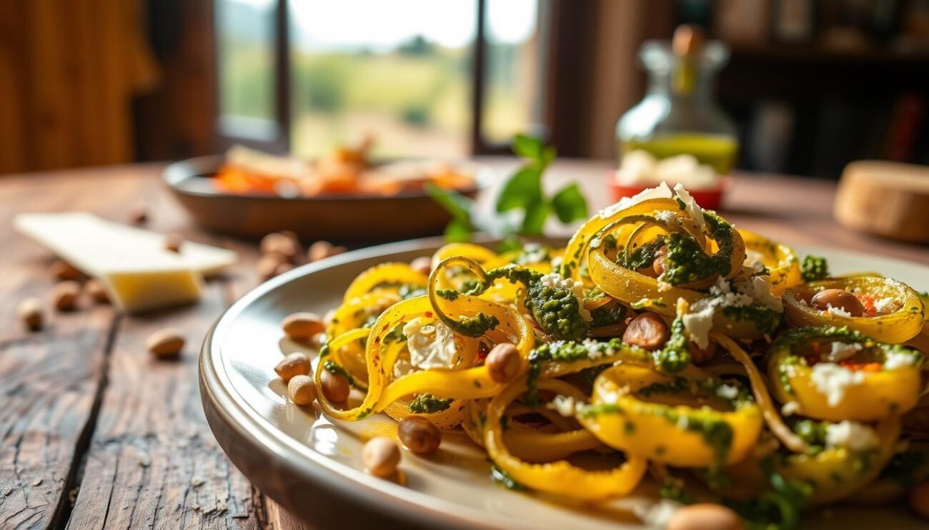 A gourmet feast of pesto peperoni cruschi, a vibrant Lucanian delicacy. In the foreground, delicate strands of homemade pesto cling to slices of golden, crunchy peperoni cruschi, drizzled with a rich olive oil. The middle ground showcases an artful arrangement of the ingredients, with toasted pine nuts and shavings of Parmesan cheese adding depth and texture. The background features a rustic wooden table, with a sun-dappled Italian countryside visible through a nearby window, setting the scene for this elevated take on a regional specialty. The lighting is soft and warm, evoking a sense of comfort and craftsmanship. Captured with a shallow depth of field, the image draws the viewer's eye to the exquisite details of this gourmet pesto peperoni cruschi creation.