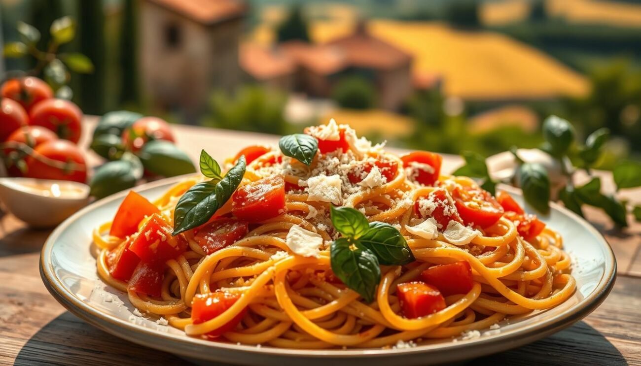 A healthy plate of whole grain "Pasta Integrale" takes center stage, the rich, earthy hues of the noodles complementing the vibrant colors of freshly chopped tomatoes, basil leaves, and garlic cloves. A drizzle of extra virgin olive oil glistens on the surface, while a scattering of grated Parmesan cheese adds a touch of creamy indulgence. The scene is bathed in warm, natural lighting, highlighting the simple yet flavorful Italian ingredients. In the background, a subtly blurred Italian landscape sets the stage, evoking a sense of rustic Mediterranean charm. The overall composition conveys a balanced, nutritious, and delectable pasta dish, reflecting the complex yet nuanced relationship between pasta and cholesterol.