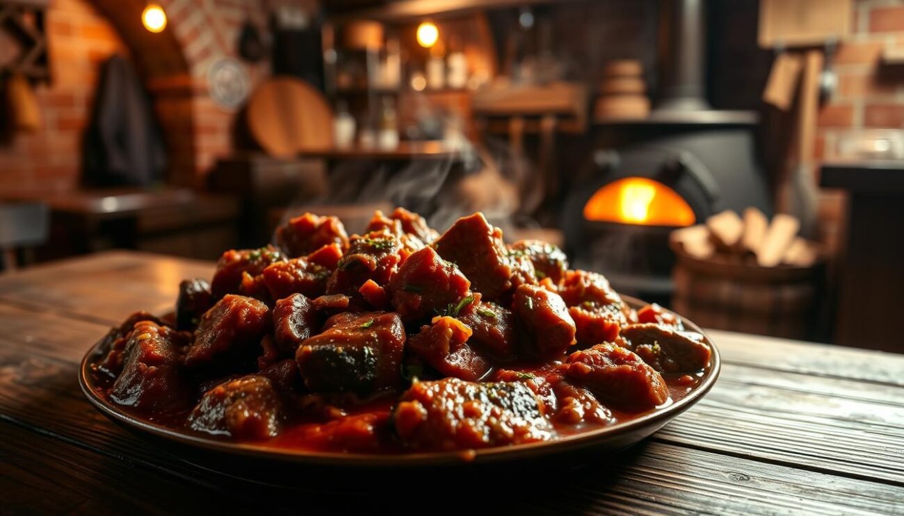 A hearty and fragrant traditional Ragù di Cinghiale, a classic Tuscan wild boar ragu. In the foreground, thick chunks of tender wild boar meat glistening in a rich, velvety tomato sauce, accented with aromatic herbs and a hint of red wine. The middle ground showcases a rustic wooden table, where the ragu simmers gently, its steam rising softly. In the background, a cozy, dimly lit kitchen setting, with terracotta tiles, exposed beams, and the warm glow of a wood-fired stove, evoking the authentic Italian countryside ambiance. Soft, dramatic lighting casts shadows and highlights the dish's luxurious texture and depth of flavor. The overall scene conveys the comforting, homemade essence of this traditional Tuscan dish.