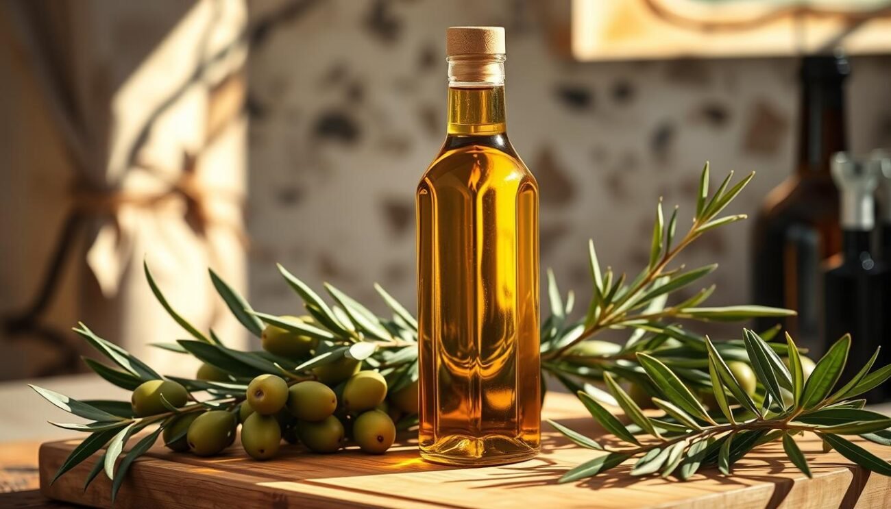 A high-quality, artfully presented bottle of extra virgin olive oil, set against a rustic Italian backdrop. The gleaming glass container captures the golden hue of the oil, reflecting the warm Mediterranean sunlight. Surrounding the bottle, a carefully curated arrangement of olive branches, fresh herbs, and a cutting board, conveying the natural, locally-sourced essence of the product. The overall composition evokes a sense of authenticity, quality, and the culinary traditions of Italy. Subtle shadows and a slightly soft focus create depth and a inviting, almost tactile atmosphere. A high-quality, artfully presented bottle of extra virgin olive oil, set against a rustic Italian backdrop. The gleaming glass container captures the golden hue of the oil, reflecting the warm Mediterranean sunlight. Surrounding the bottle, a carefully curated arrangement of olive branches, fresh herbs, and a cutting board, conveying the natural, locally-sourced essence of the product. The overall composition evokes a sense of authenticity, quality, and the culinary traditions of Italy. Subtle shadows and a slightly soft focus create depth and a inviting, almost tactile atmosphere.