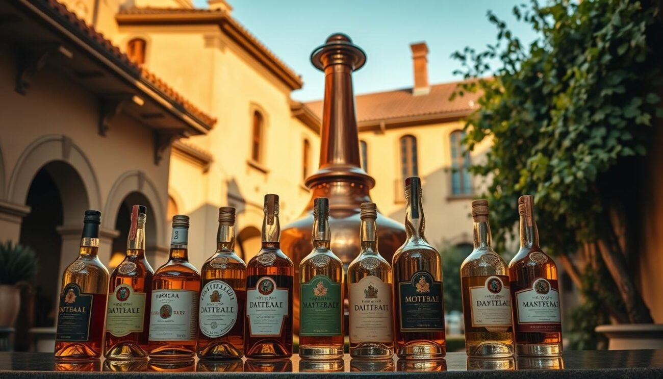 A high-quality, artisanal still holding a selection of classic Italian distillates, bathed in warm, golden light. In the foreground, a row of beautifully crafted bottles featuring intricate labels and premium glass. The middle ground showcases the still itself, its copper body polished to a gleam, set against a backdrop of traditional Italian architecture - ornate archways, terracotta roofs, and verdant vines. The overall atmosphere evokes a sense of heritage, craftsmanship, and the pride of Italy's distilling legacy. A high-quality, artisanal still holding a selection of classic Italian distillates, bathed in warm, golden light. In the foreground, a row of beautifully crafted bottles featuring intricate labels and premium glass. The middle ground showcases the still itself, its copper body polished to a gleam, set against a backdrop of traditional Italian architecture - ornate archways, terracotta roofs, and verdant vines. The overall atmosphere evokes a sense of heritage, craftsmanship, and the pride of Italy's distilling legacy.