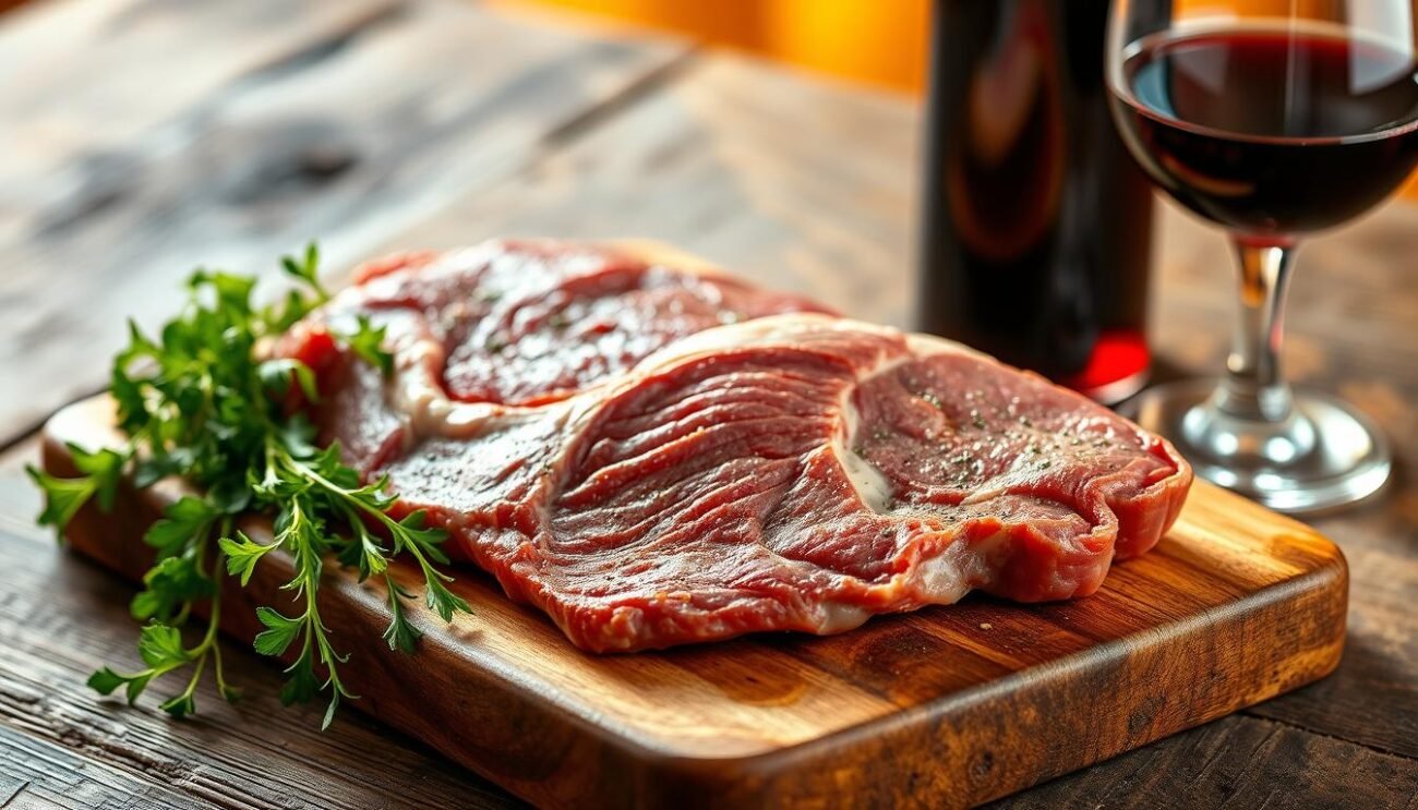 A high-quality, carefully-sourced Italian carne (meat) nestled on a rustic wooden board, accompanied by a selection of fresh herbs, olive oil, and a glass of robust red wine. The scene is bathed in warm, golden lighting, evoking the rustic charm and culinary traditions of the Italian countryside. The image conveys a sense of authenticity, quality, and a deep appreciation for the craftsmanship and care that goes into producing exceptional Italian meat products.