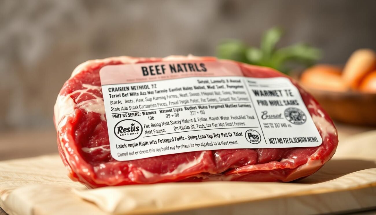 A high-quality close-up photograph of a beef meat label or packaging, shot in natural lighting to showcase the intricate details and information printed on it. The label should be the primary focus, filling the frame and occupying the central foreground. The background should be slightly blurred, with a simple, uncluttered setting, such as a neutral-colored surface or a plain wall, to avoid distractions and direct the viewer's attention to the meat label. The image should convey a sense of clarity, highlighting the key elements of the label, such as the origin, farming methods, and any certifications or seals, in a way that aligns with the article's subject and section title.