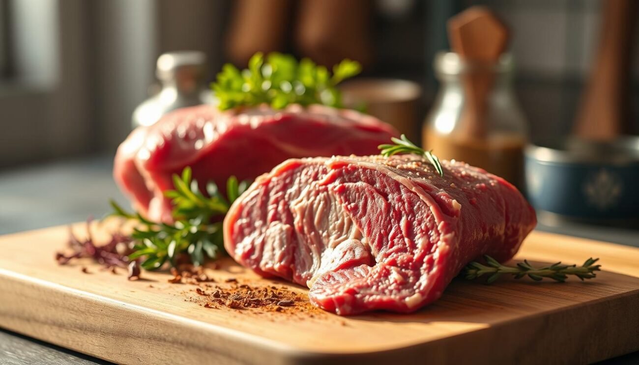 A high-quality image of locally-sourced meat quality control. An expertly-lit close-up shot of fresh red meat on a wooden cutting board, surrounded by locally-grown herbs and spices. Warm, natural lighting casts a golden glow, highlighting the meat's rich texture and deep color. The background is blurred, drawing the viewer's focus to the center of the frame. The overall mood conveys a sense of care, craftsmanship, and attention to detail in the production of this premium, farm-fresh product.