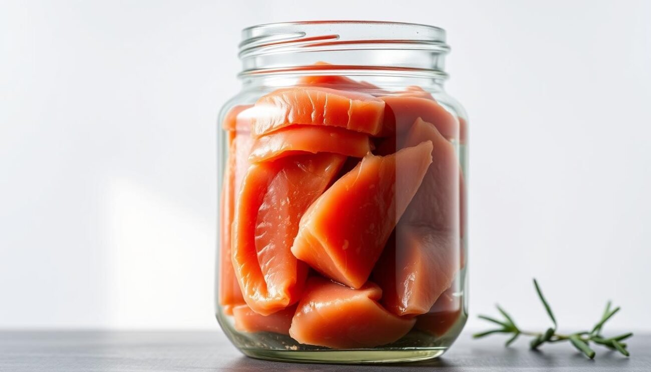 A high-quality selection of tuna, displayed in a glass jar against a plain background. The tuna fillets are carefully arranged, showcasing their fresh, vibrant color and firm texture. Soft, natural lighting illuminates the scene, creating a warm and inviting atmosphere. The clear glass jar allows the viewer to appreciate the quality and craftsmanship of the product. The overall composition emphasizes the simplicity and elegance of the tuna, highlighting its potential as a key ingredient in a classic tomato and tuna sauce recipe.