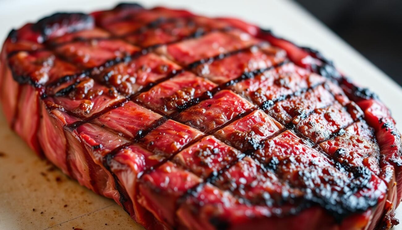 A high-quality steak with a rich, marbled texture, expertly grilled to a perfect medium-rare doneness, glistening with subtle caramelization. The meat is showcased against a simple, clean backdrop, allowing its natural beauty to shine. Soft, diffused lighting from the side casts gentle shadows, emphasizing the succulent, tender cuts. The image conveys a sense of culinary excellence, inviting the viewer to appreciate the care and attention that goes into selecting and preparing exceptional quality meat.