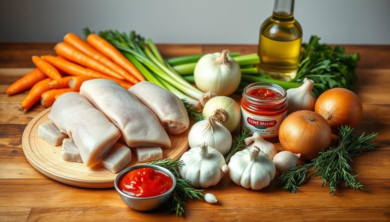 A high-quality, well-lit studio shot of a wooden table showcasing the key ingredients for a traditional Italian rabbit ragù: fresh rabbit pieces, carrots, onions, celery, garlic, white wine, tomato paste, and fresh herbs like rosemary and thyme. The ingredients are arranged neatly and evenly, with a warm, natural lighting highlighting their textures and colors. The background is a simple, uncluttered neutral tone that allows the food to be the focal point. The overall scene conveys a sense of rustic authenticity and culinary preparation, fitting the title "Preparazione Ingredienti Ragù Bianco di Coniglio."