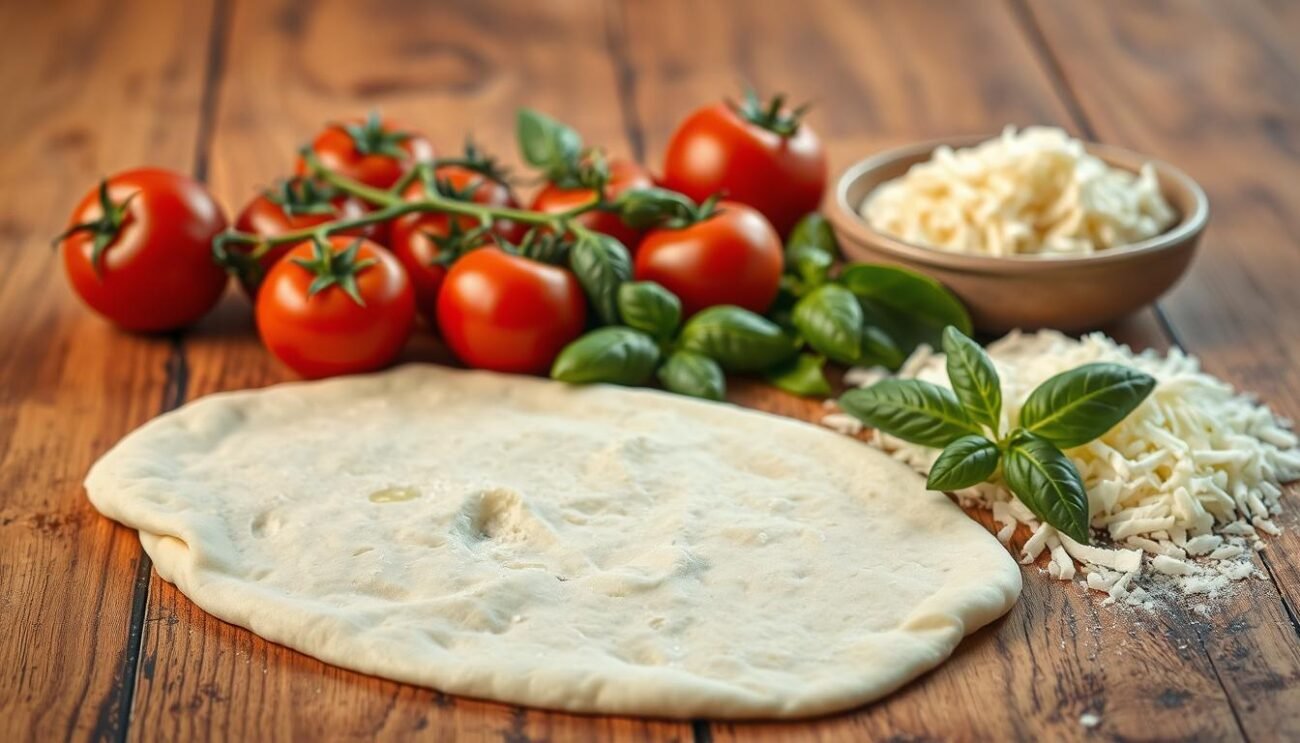 A high-quality wooden table, its surface worn by time, showcases a carefully curated selection of traditional Italian pizza al taglio ingredients. In the foreground, freshly rolled out dough, its edges slightly ragged, awaits its toppings. Nearby, a vibrant array of tomatoes, each glistening with a hint of olive oil, stand ready to provide the base for the savory pie. Sprigs of fragrant basil, their deep green leaves contrasting with the red of the tomatoes, add a touch of rustic elegance. Shredded mozzarella cheese, its milky white hue promising a creamy, melted finish, completes the essential building blocks of this iconic Roman street food. The lighting is soft and warm, casting a cozy, inviting atmosphere, as if welcoming the viewer to step into this humble, yet authentic, Italian kitchen.