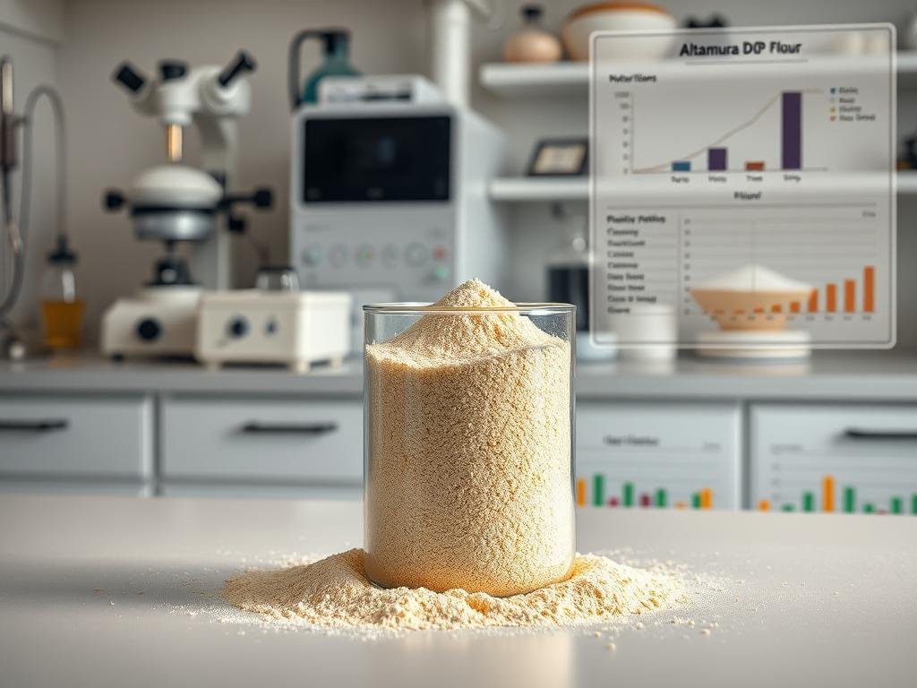 A high-resolution image of the nutritional properties of Italian flour, with a focus on the technical and nutritional characteristics of Altamura DOP wheat flour. The scene depicts a clean, modern laboratory setting with a well-lit countertop, showcasing a range of scientific instruments and tools used to analyze the flour's composition. In the foreground, a glass container filled with fine, golden-hued flour stands prominently, surrounded by technical diagrams and charts displaying the flour's nutritional values, such as protein content, fiber, and mineral profiles. The overall atmosphere conveys a sense of scientific rigor and attention to detail, reflecting the exacting standards associated with the Altamura DOP designation.