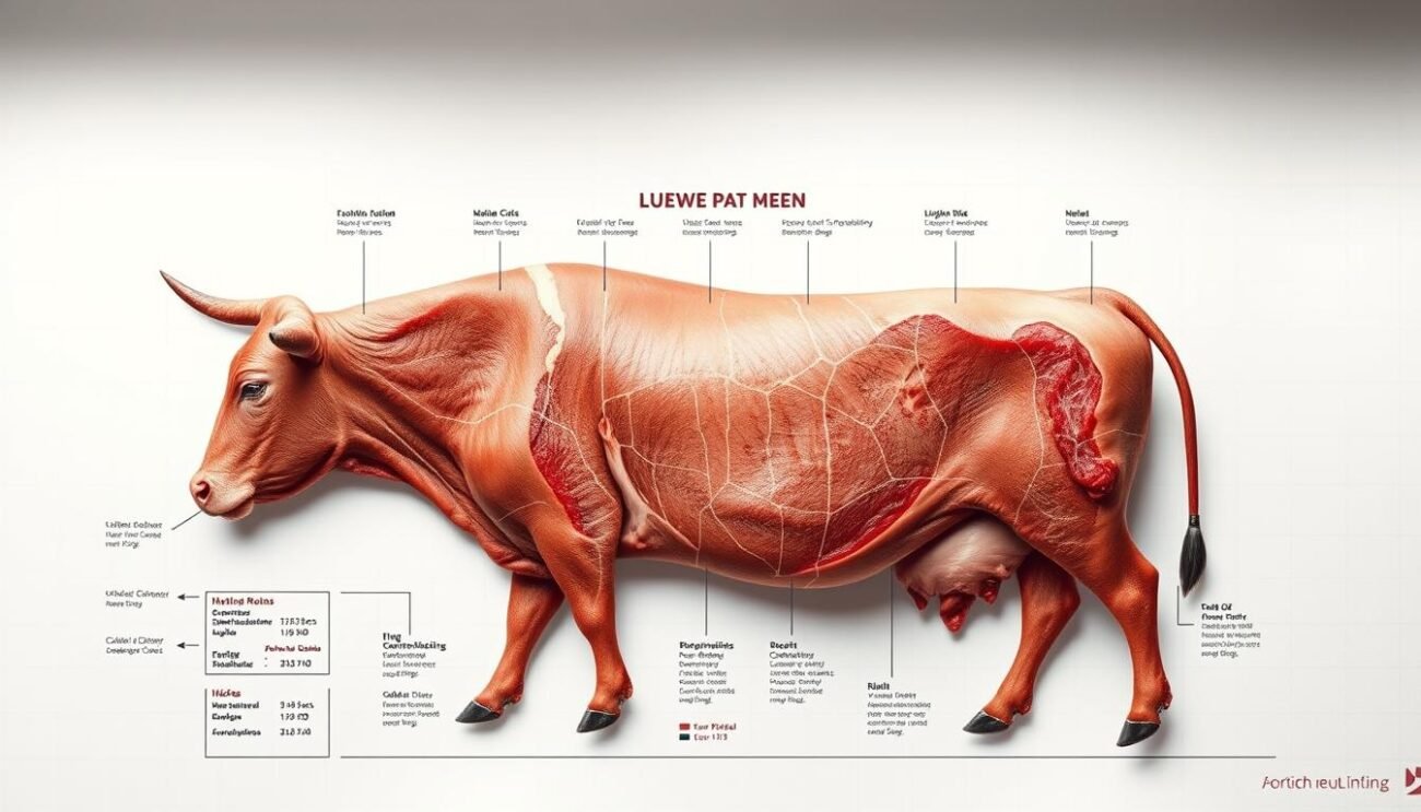 A high-resolution, photorealistic image of a detailed diagram illustrating the classification and grading system for bovine meat in the European Union. The diagram is displayed against a clean, minimalist white background, with a subtle grid or graph paper texture to emphasize the technical, informative nature of the content. The diagram features clearly labeled categories, cuts, and quality indicators, rendered in a precise, technical style with muted, earthy tones that evoke the natural origins of the meat. The overall composition strikes a balance between clinical precision and an artful, visually engaging presentation suitable for an informative article on meat labeling and origin.