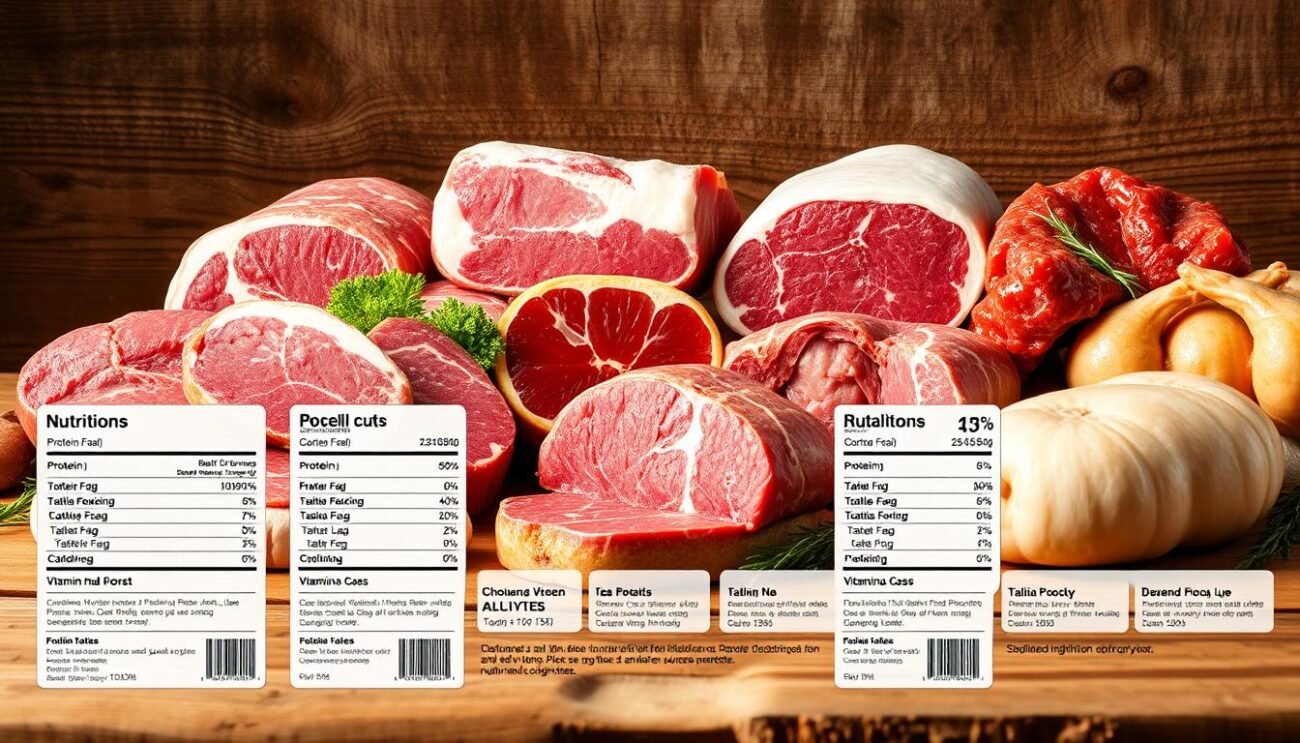 A high-resolution, photorealistic image of an assortment of nutritional information and labeling for various cuts of premium Italian meat. The foreground features clear, legible text and numerical data about the protein, fat, carbohydrate, and calorie content, as well as the vitamin and mineral profiles. The middle ground showcases different types of meat like beef, pork, and poultry, each with their own distinct visual characteristics. The background blends natural textures like wood grain and earthy tones to create a warm, rustic atmosphere evocative of traditional Italian butchery. Soft, directional lighting accentuates the details and highlights the quality of the meat and packaging. The overall composition is clean, balanced, and informative, suitable for inclusion in a high-quality editorial spread.