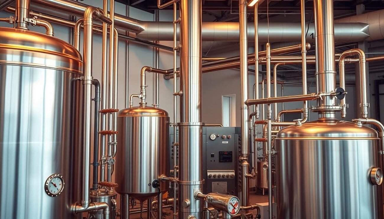 A high-tech low-temperature distillation system with gleaming stainless steel tanks, intricate piping, and precisely calibrated controls. The foreground features a central distillation column flanked by smaller supporting equipment, all illuminated by warm, diffused lighting. The middle ground showcases a series of valves, gauges, and monitoring panels, while the background depicts a modern industrial setting with minimalist architectural details. The overall mood is one of efficiency, precision, and technological innovation, reflecting the cutting-edge nature of this low-temperature distillation technique.