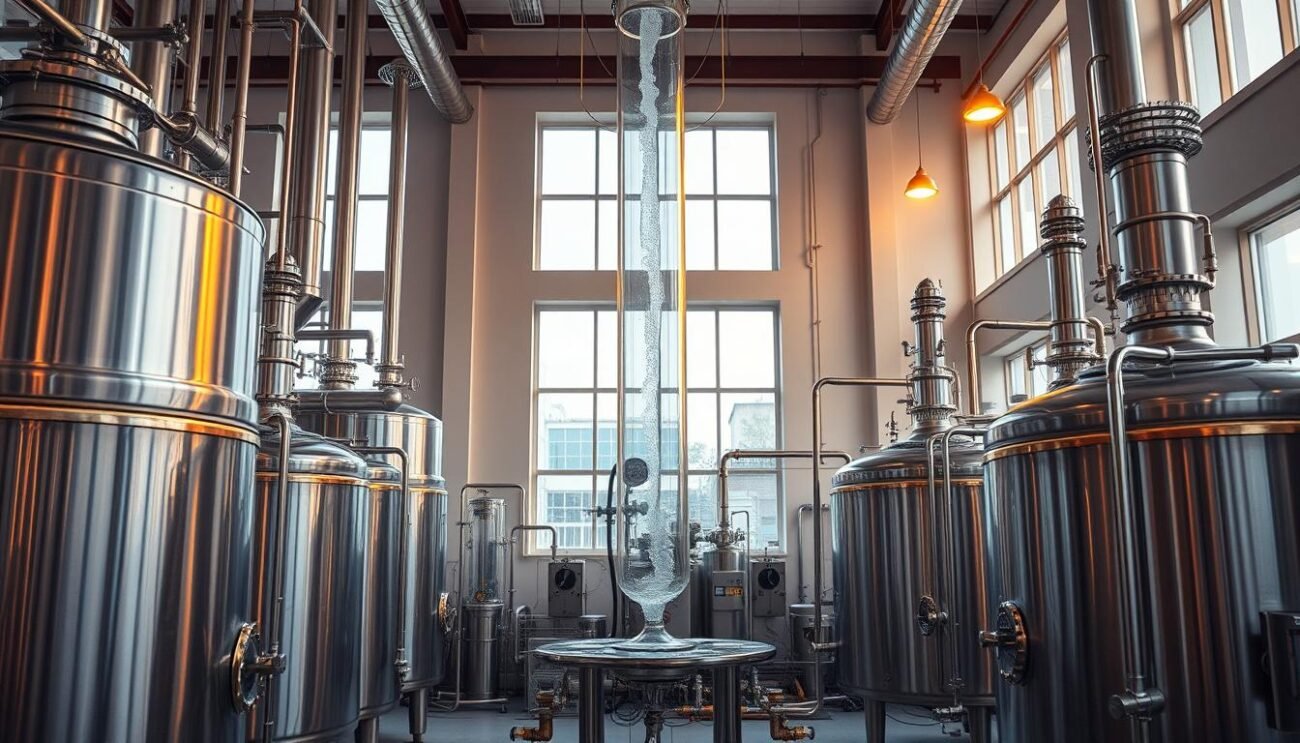 A highly detailed industrial interior scene showcasing a modern low-temperature distillation apparatus. Featuring an array of gleaming stainless steel tanks, pipes, and valves, with a central glass column where the distillation process is clearly visible. Warm ambient lighting filters in through large windows, casting a soft glow over the intricate machinery. The composition emphasizes the technical precision and efficiency of this innovative distillation technique. The overall mood is one of scientific innovation and attention to detail, appropriate for illustrating the advantages of low-temperature distillation.