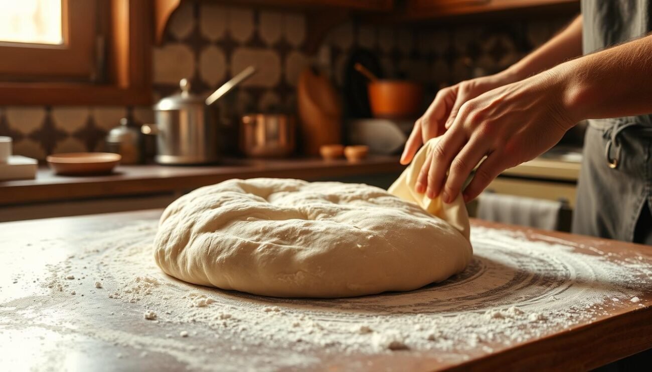 A kitchen countertop in a cozy Italian home, the surface dusted with flour and a mound of freshly mixed pizza dough taking shape. Glimpses of vintage ceramic tiles and copper cookware in the background suggest an authentic Roman trattoria. The warm, golden light from a large window casts a gentle glow, highlighting the dough's supple texture as skilled hands knead and stretch it, preparing the canvas for a classic Roman-style pizza al taglio. The overall scene conveys the care, tradition, and artistry involved in crafting this iconic Roman dish.