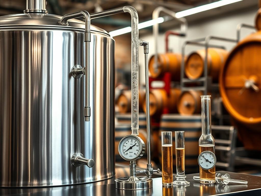 A laboratory setting with essential equipment for beer fermentation: a large stainless steel fermentation tank, a bubbling airlock, a hydrometer, and a sample thief. The scene is well-lit with soft, directional lighting, highlighting the various components. The background features a blurred, out-of-focus view of a traditional brewery, with wooden barrels and brewing equipment. The overall mood is one of scientific precision and the art of beer making, conveying the technical yet artisanal nature of the fermentation process.