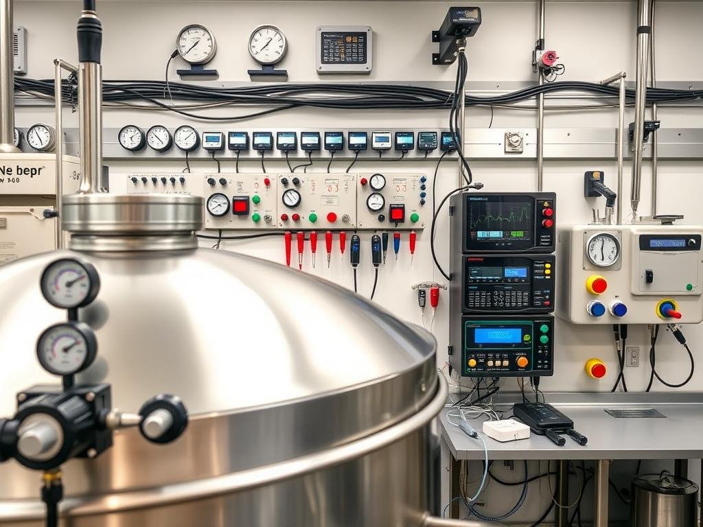 A laboratory setting with various temperature control devices and instruments, including thermometers, probes, and digital displays. The foreground features a fermentation tank or vessel, with controls and gauges to monitor and adjust the temperature. The middle ground showcases a comprehensive array of monitoring equipment, such as data loggers, control panels, and temperature regulation systems. The background depicts a clean, well-lit environment, evoking a professional, industrial atmosphere suitable for precision temperature control during the beer fermentation process.