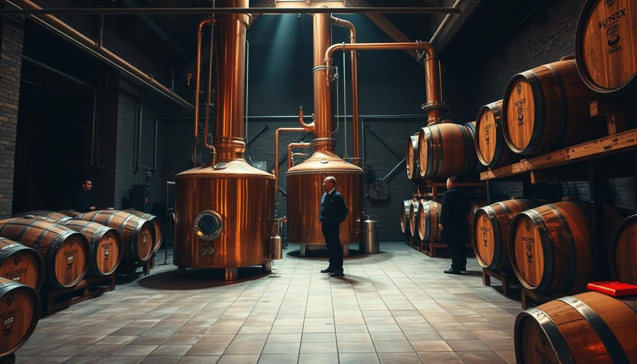 A large copper still stands in a dimly lit distillery, its intricate coils and valves glistening. Surrounding it, barrels of aging wine rest on wooden racks, their labels hinting at the rich flavors within. The air is thick with the aroma of fermentation, while a skilled distiller carefully monitors the process, ensuring the perfect balance of temperature and pressure to extract the pure, aromatic spirit. Soft, warm lighting illuminates the scene, casting shadows that dance across the tiles. This is the heart of the distillation process, where the art of winemaking is transformed into the refined elegance of acquavite di vino.
