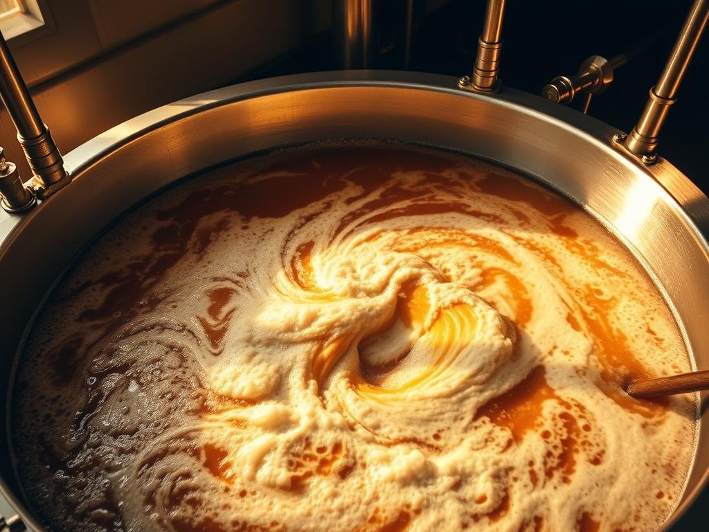 A large, gleaming steel kettle filled with swirling, bubbling wort. Viewed from an overhead angle, the surface of the liquid churns and foams as the powerful whirlpool motion takes hold. Stainless steel pipes and fittings protrude from the sides, regulating the flow and temperature. Warm, golden light illuminates the scene, casting dramatic shadows that emphasize the dynamic, turbulent nature of the whirlpool process. The background is hazy, blurred, allowing the viewer to focus solely on the mesmerizing, central action of the wort whirlpool, a crucial step in the artisanal beer-making journey.