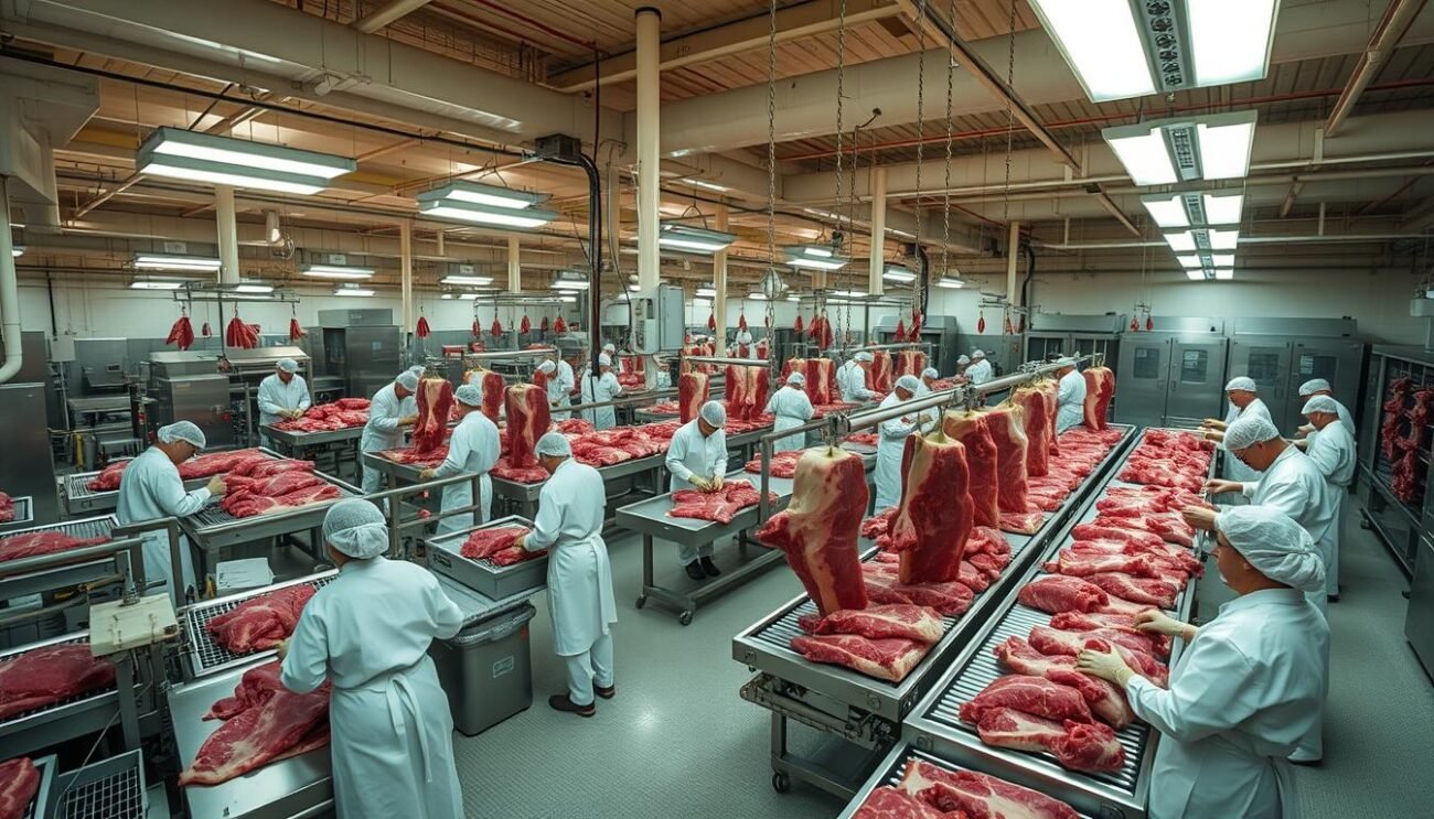 A large industrial meat processing facility, with an array of stainless steel equipment and conveyor belts. Workers in white smocks and hairnets meticulously inspect and handle the raw red meat, cutting, trimming, and packaging it with precision. The space is brightly lit by overhead fluorescent lights, casting a clinical glow over the scene. The air is thick with the scent of fresh meat and the sound of whirring machinery. In the background, rows of chilled storage rooms and loading docks, ready to ship the finished products to markets and retailers across the country. The entire process is a well-choreographed ballet of efficiency, ensuring the safe and reliable production of the meat we consume.