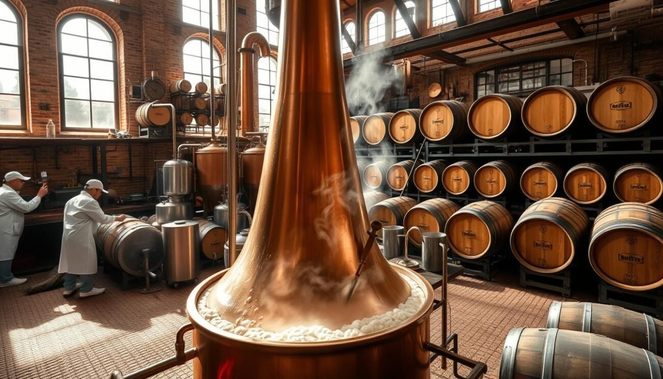 A large, traditional copper brew kettle stands in the foreground, steam rising from the bubbling wort within. Surrounding it, workers in white coats and caps tend to various steps of the brewing process - mashing, sparging, boiling, and cooling the liquid. In the background, oak barrels sit in rows, aging the freshly fermented beer. Bright, natural lighting streams in through high windows, illuminating the historic, artisanal atmosphere of this Italian beer production facility. The scene captures the meticulous craft and time-honored techniques that go into creating the unique flavors and quality of Italian beer.