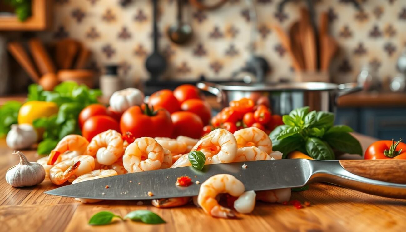 A large, wooden kitchen counter is filled with fresh ingredients for a delectable shrimp sauce: plump, pink shrimp, ripe tomatoes, aromatic garlic, and vibrant basil leaves. Soft lighting from overhead casts a warm glow, creating a cozy, inviting atmosphere. In the foreground, a chef's knife slices effortlessly through the juicy shrimp, preparing them for the simmering sauce. The middle ground showcases the bubbling pot, steam rising as the savory scents waft through the air. In the background, a traditional Italian tile backsplash adds a touch of rustic charm, transporting the viewer to a sun-drenched kitchen in the heart of Italy.