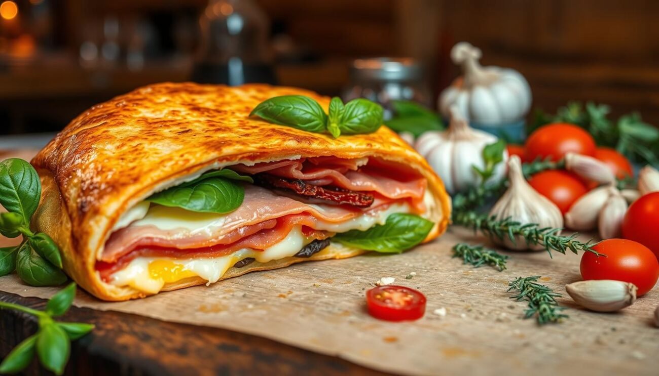 A lavish Neapolitan calzone, its golden-brown crust giving way to a symphony of flavors. In the foreground, the calzone's cross-section reveals a vibrant filling of melted mozzarella, salty prosciutto, and fragrant basil leaves. The middle ground showcases an array of traditional Italian ingredients, from sun-dried tomatoes to garlic cloves and fresh oregano. The background evokes the warm, convivial atmosphere of a Neapolitan trattoria, with dim lighting and rustic wooden textures. The overall scene exudes the comforting, homemade essence of this iconic Campanian specialty.