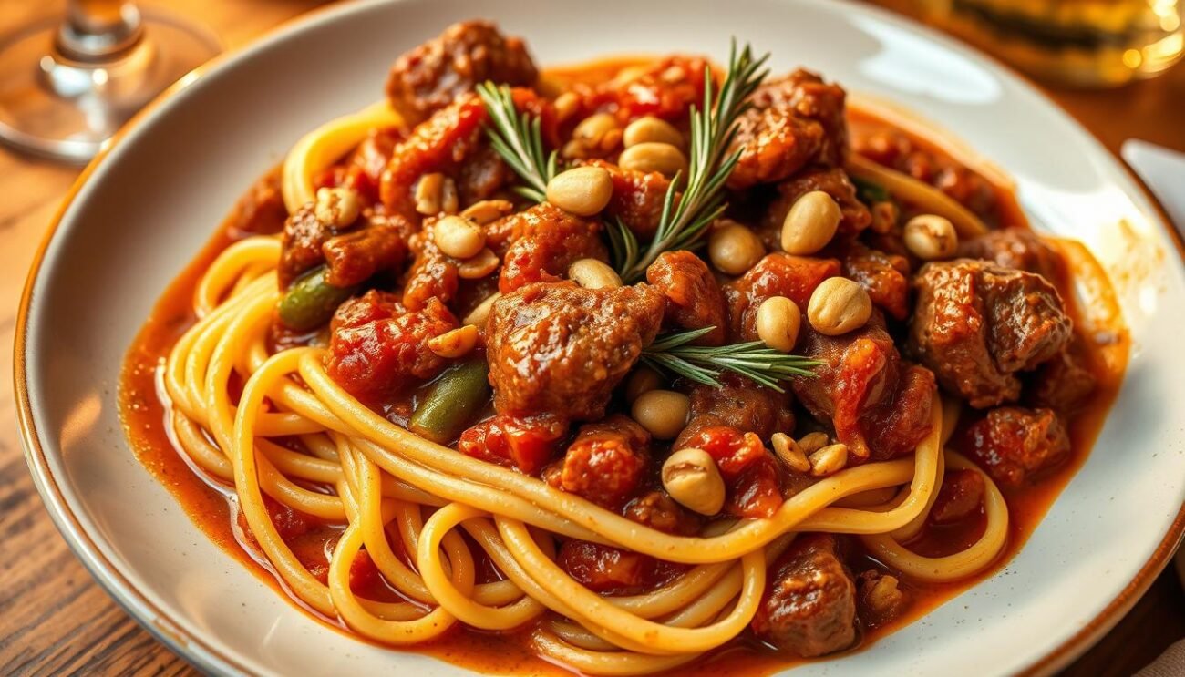 A lavish dish of Ragù di Cinghiale, the beloved Tuscan wild boar ragù, simmered to perfection for a special occasion. The rich, earthy sauce coats tender chunks of wild boar, infused with the aromatic herbs and spices of the region. A thick, glossy texture clings to handmade pasta, perfectly cooked al dente. Toasted pine nuts and fragrant rosemary garnish the dish, adding texture and depth. Warm lighting casts a golden glow, highlighting the dish's inviting appeal. The scene evokes a cozy, intimate atmosphere, perfect for savoring this treasured Tuscan delicacy.