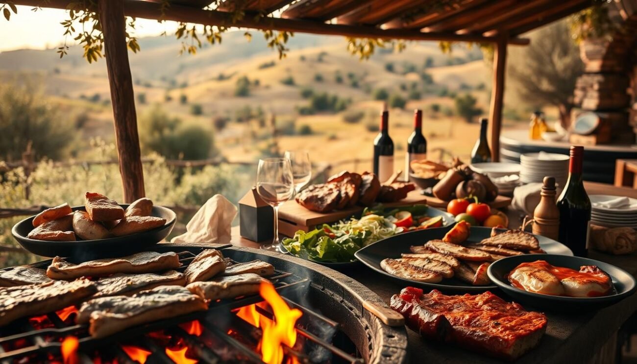 A lavish grill feast set against a rustic Italian countryside backdrop. In the foreground, a mouthwatering array of grilled meats, fish, and vegetables sizzle over an open fire, their tantalizing aromas swirling in the air. The middle ground features a table laid with crusty bread, fresh salads, and bottles of robust red wine, inviting diners to indulge in a true gourmet experience. In the distance, rolling hills dotted with olive trees and vineyards create a serene, idyllic setting, reflecting the rich culinary traditions of the Italian peninsula. Soft, warm lighting casts a golden glow, enhancing the rustic, inviting atmosphere. The composition captures the essence of a lavish, high-quality "grigliata gourmet" - a celebration of Italy's finest ingredients and time-honored cooking methods.