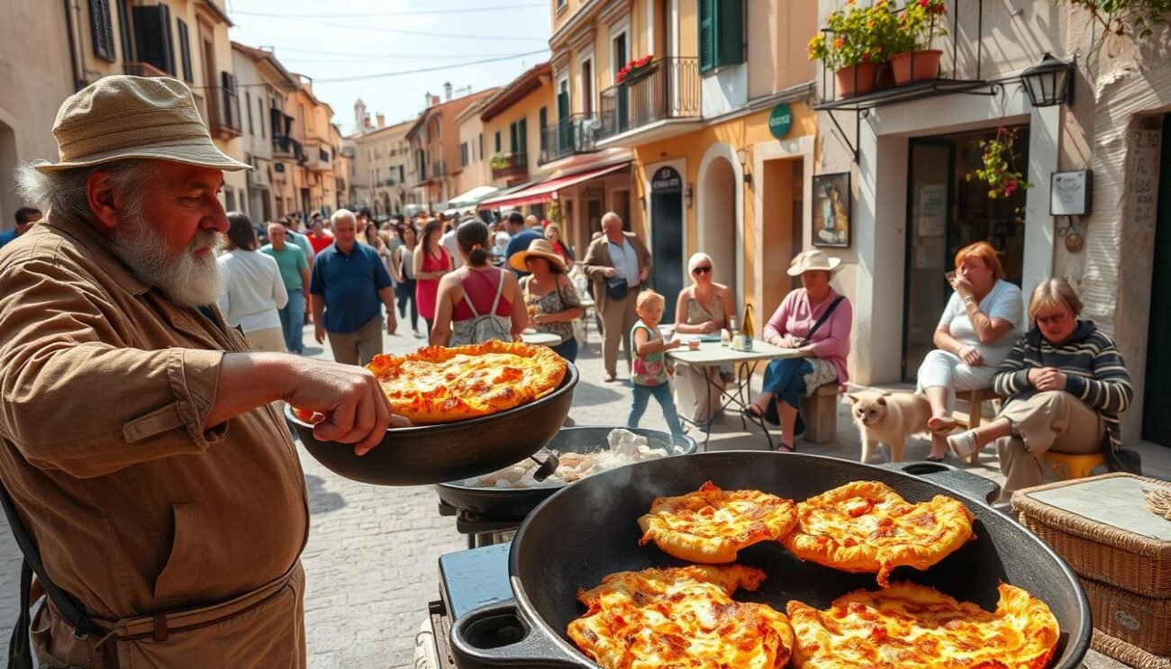 A lively street scene in Cilento, Italy, showcasing the traditional preparation of "Pizz'e rann" - a beloved fried pizza dish. In the bustling foreground, a weathered vendor deftly maneuvers a sizzling cast-iron pan, expertly turning the golden-crusted pizzas. The aroma of freshly fried dough and sizzling pork crackling fills the air, drawing in a crowd of eager locals and tourists. In the middle ground, families and friends gather around small tables, savoring the crisp, indulgent bites and sipping local wines. The background is a charming, sun-dappled street, with colorful buildings, potted plants, and the occasional stray cat weaving through the scene, capturing the essence of daily life in this vibrant Cilento community. A lively street scene in Cilento, Italy, showcasing the traditional preparation of "Pizz'e rann" - a beloved fried pizza dish. In the bustling foreground, a weathered vendor deftly maneuvers a sizzling cast-iron pan, expertly turning the golden-crusted pizzas. The aroma of freshly fried dough and sizzling pork crackling fills the air, drawing in a crowd of eager locals and tourists. In the middle ground, families and friends gather around small tables, savoring the crisp, indulgent bites and sipping local wines. The background is a charming, sun-dappled street, with colorful buildings, potted plants, and the occasional stray cat weaving through the scene, capturing the essence of daily life in this vibrant Cilento community.