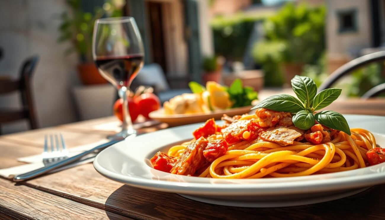 A luscious plate of "Sugo di tonno e pomodoro con pasta" - vibrant tomatoes, flaky tuna, and perfectly al dente pasta, glistening under the warm Mediterranean sun. The foreground showcases the dish in mouthwatering detail, the pasta coils nestled in a rich, rustic sauce. In the middle ground, a simple, rustic table setting complements the authentic trattoria ambiance, with a glass of robust red wine and a sprig of fresh basil adding the final touches. The background evokes the relaxed, coastal charm of an Italian villa, with sun-dappled walls and a glimpse of a lush, verdant garden beyond. Captured with a natural, soft-focus lens, this image exudes the comforting familiarity and homespun elegance of a classic Italian meal.