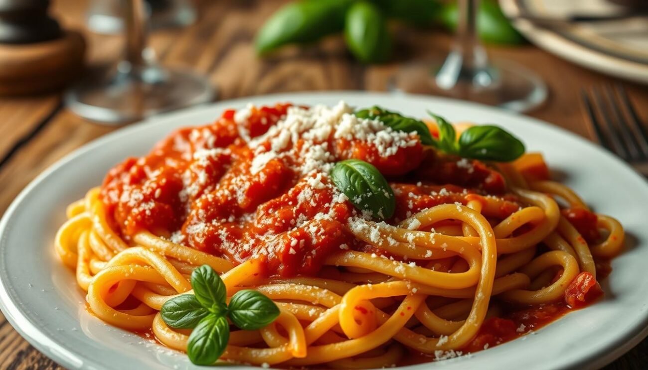 A luscious, steaming plate of homemade whole-wheat pasta, perfectly al dente, nestled in a rich tomato sauce. The pasta strands glisten under the soft, warm lighting, inviting a tantalizing aroma. In the middle ground, freshly grated Parmesan cheese and a sprinkling of fragrant basil leaves add depth and texture. The background features a rustic wooden table, complemented by an elegant place setting, evoking the charm of an authentic Italian trattoria. This image captures the essence of wholesome, hearty "pasta integrale", showcasing its versatility and appeal as the ideal gastronomic pairing.