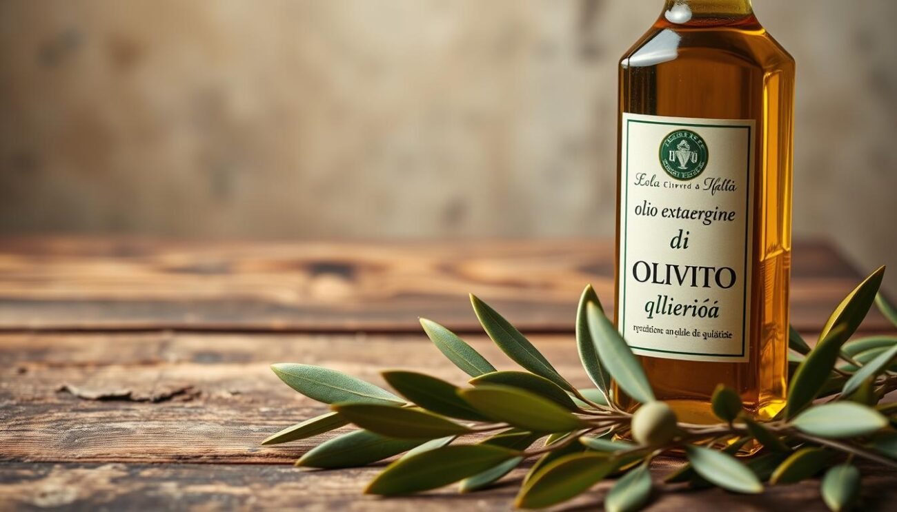 A luscious, vibrant extra virgin olive oil, gleaming with golden hues, rests upon a rustic wooden table. The oil's surface reflects the warm, ambient lighting, casting a soft, inviting glow. In the foreground, a simple yet elegant glass bottle, its label emblazoned with the words "olio extravergine di alta qualità," stands as a testament to the oil's exceptional quality. The middle ground features a scattering of fresh, verdant olive leaves, their intricate textures and delicate shapes adding depth and natural elegance to the scene. The background subtly fades into a muted, Italian-inspired setting, evoking a sense of authenticity and tradition. This image captures the essence of a superior quality extra virgin olive oil, perfectly suited to illustrate the section on "Cosa Rende un Olio EVO di Qualità Superiore." A luscious, vibrant extra virgin olive oil, gleaming with golden hues, rests upon a rustic wooden table. The oil's surface reflects the warm, ambient lighting, casting a soft, inviting glow. In the foreground, a simple yet elegant glass bottle, its label emblazoned with the words "olio extravergine di alta qualità," stands as a testament to the oil's exceptional quality. The middle ground features a scattering of fresh, verdant olive leaves, their intricate textures and delicate shapes adding depth and natural elegance to the scene. The background subtly fades into a muted, Italian-inspired setting, evoking a sense of authenticity and tradition. This image captures the essence of a superior quality extra virgin olive oil, perfectly suited to illustrate the section on "Cosa Rende un Olio EVO di Qualità Superiore."
