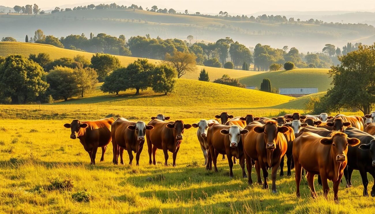 A lush Italian pasture, bathed in warm, golden light. In the foreground, a herd of majestic, well-muscled cattle graze peacefully, their coats reflecting the vibrant hues of the countryside. In the middle ground, rolling hills dotted with verdant trees create a picturesque backdrop, while the distant horizon is framed by a soft, hazy sky. The scene exudes a sense of tranquility and the proud heritage of Italian cattle farming, capturing the essence of the "Carne Italiana: Un Viaggio tra le Migliori Razze" section of the article.