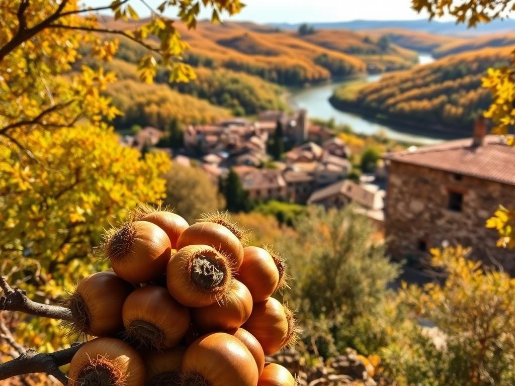 A lush, autumnal landscape in the heart of Italy's Lazio region, where the sun-dappled hills are dotted with groves of chestnut trees. In the foreground, a cluster of ripe, golden-brown chestnuts, their thick shells waiting to be cracked open and their sweet, nutty flesh savored. The middle ground reveals a quaint village, its terracotta roofs and weathered stone walls blending seamlessly with the surrounding countryside. In the distance, a winding river reflects the azure sky, while the soft, diffused lighting creates a sense of tranquility and timelessness. This is the world of the Castagne DOP Territorio, a protected designation of origin that celebrates the unique terroir and centuries-old traditions of this exceptional Italian delicacy.