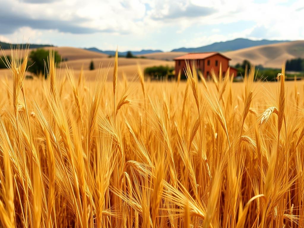 A lush, golden field of mature Italian oats sways gently in the warm summer breeze. The sturdy, rustling stalks rise from the rich, earthy soil, their slender leaves catching the dappled sunlight filtering through wispy clouds. In the distance, a traditional Italian farmhouse nestles amidst rolling hills, its ochre walls and terracotta roof tiles reflecting the rustic charm of the countryside. The scene evokes a sense of timeless tradition, the origin and heritage of this nourishing, wholesome grain deeply embedded in the Italian landscape.