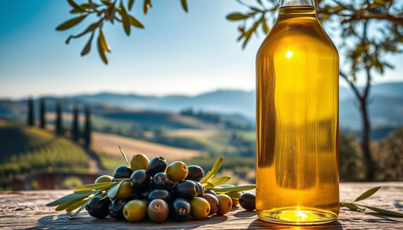 A lush, golden olive oil bottle, glistening in soft, warm lighting, sits atop a rustic wooden table. The golden-green liquid within reflects the sunlight, casting a radiant glow throughout the frame. Surrounding the bottle, a selection of freshly picked olives, their deep purple and green hues contrasting beautifully with the amber oil. In the background, a serene Italian countryside landscape unfolds, with rolling hills, cypress trees, and a clear blue sky. The overall composition evokes a sense of artisanal craftsmanship, regional pride, and the vibrant, authentic flavors of Italy's prized extra virgin olive oils. A lush, golden olive oil bottle, glistening in soft, warm lighting, sits atop a rustic wooden table. The golden-green liquid within reflects the sunlight, casting a radiant glow throughout the frame. Surrounding the bottle, a selection of freshly picked olives, their deep purple and green hues contrasting beautifully with the amber oil. In the background, a serene Italian countryside landscape unfolds, with rolling hills, cypress trees, and a clear blue sky. The overall composition evokes a sense of artisanal craftsmanship, regional pride, and the vibrant, authentic flavors of Italy's prized extra virgin olive oils.