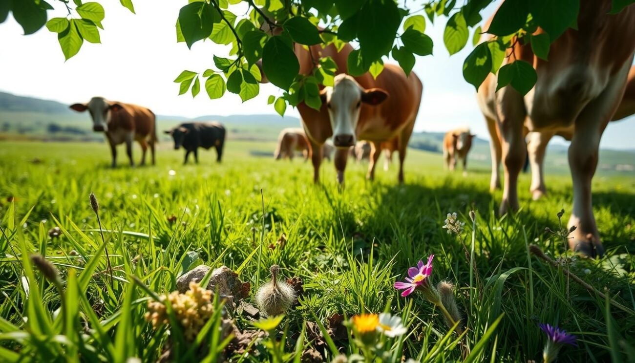 A lush green meadow, sunlight filtering through verdant foliage, as a herd of cattle grazes peacefully. In the foreground, close-up shots of their varied diets - fresh grasses, herbs, and wildflowers. The middle ground showcases the animals' healthy, well-nourished frames, their coats shimmering with a vibrant, lustrous sheen. In the background, rolling hills and a serene sky, conveying a sense of harmony between the animals, their environment, and the quality of the meat they produce. Captured with a shallow depth of field, the image emphasizes the direct relationship between the cattle's diet and the superior taste, texture, and nutritional value of the meat. A tranquil, bucolic scene that visually encapsulates the title "La Relazione tra Dieta e Qualità della Carne". A lush green meadow, sunlight filtering through verdant foliage, as a herd of cattle grazes peacefully. In the foreground, close-up shots of their varied diets - fresh grasses, herbs, and wildflowers. The middle ground showcases the animals' healthy, well-nourished frames, their coats shimmering with a vibrant, lustrous sheen. In the background, rolling hills and a serene sky, conveying a sense of harmony between the animals, their environment, and the quality of the meat they produce. Captured with a shallow depth of field, the image emphasizes the direct relationship between the cattle's diet and the superior taste, texture, and nutritional value of the meat. A tranquil, bucolic scene that visually encapsulates the title "La Relazione tra Dieta e Qualità della Carne".
