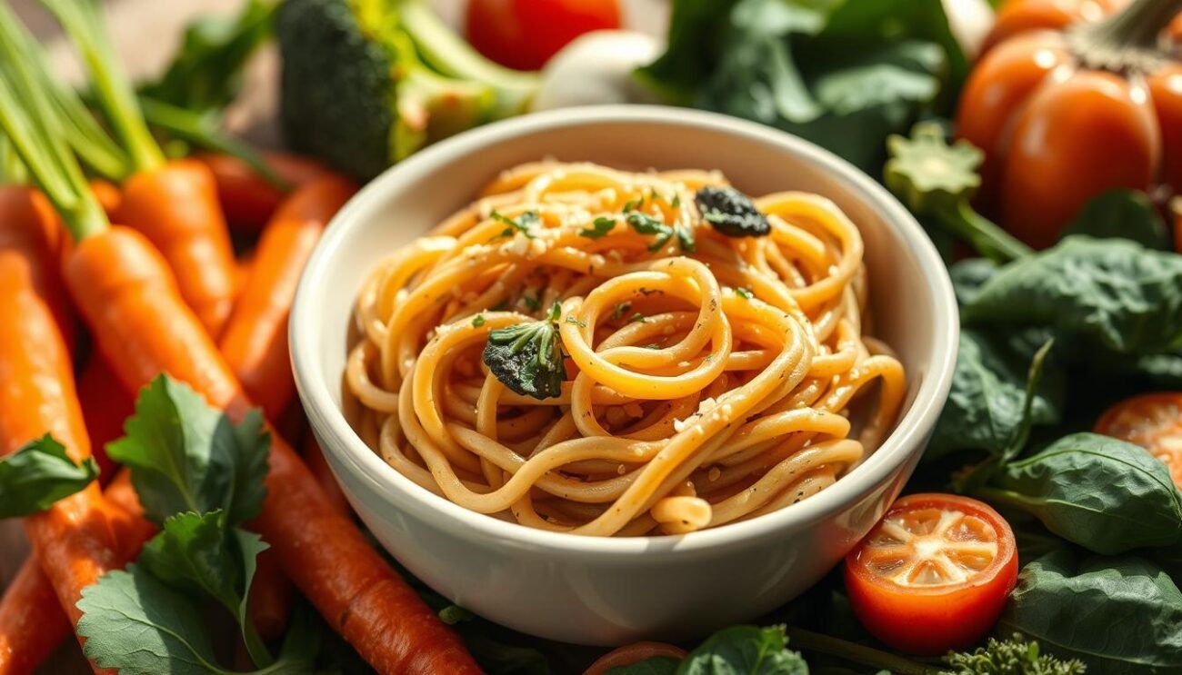A lush, inviting image showcasing a bowl of whole wheat pasta, its earthy brown hue contrasting against a soft, creamy sauce. Vibrant vegetables - carrots, broccoli, and spinach - surround the pasta, lending pops of color and a sense of health and nutrition. The lighting is warm and natural, casting a gentle glow over the scene. The composition is balanced, with the pasta taking center stage and the supporting ingredients forming a harmonious arrangement. An aroma of garlic, herbs, and the nutty essence of the whole grains permeates the air, inviting the viewer to savor the dish. The overall tone is one of wholesome, satisfying nourishment, reflecting the benefits of incorporating whole wheat pasta into a balanced, nutritious diet.