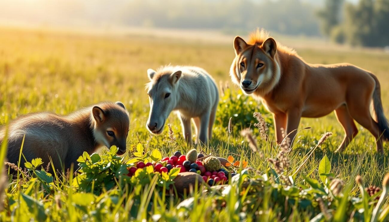 A lush meadow, bathed in soft, warm sunlight, serves as the backdrop for a captivating study of three distinct dietary types. In the foreground, a curious omnivore, its fur glistening, examines a selection of vibrant, fresh greens and berries. Beside it, a serene herbivore grazes contentedly, its eyes reflecting the verdant foliage surrounding it. In the distance, a fierce carnivore stalks its prey, its powerful muscles rippling beneath a sleek, tawny coat. The scene captures the harmony and contrast of these diverse feeding habits, inviting the viewer to ponder the intricate relationships between the natural world and the quality of sustenance it provides. A lush meadow, bathed in soft, warm sunlight, serves as the backdrop for a captivating study of three distinct dietary types. In the foreground, a curious omnivore, its fur glistening, examines a selection of vibrant, fresh greens and berries. Beside it, a serene herbivore grazes contentedly, its eyes reflecting the verdant foliage surrounding it. In the distance, a fierce carnivore stalks its prey, its powerful muscles rippling beneath a sleek, tawny coat. The scene captures the harmony and contrast of these diverse feeding habits, inviting the viewer to ponder the intricate relationships between the natural world and the quality of sustenance it provides.