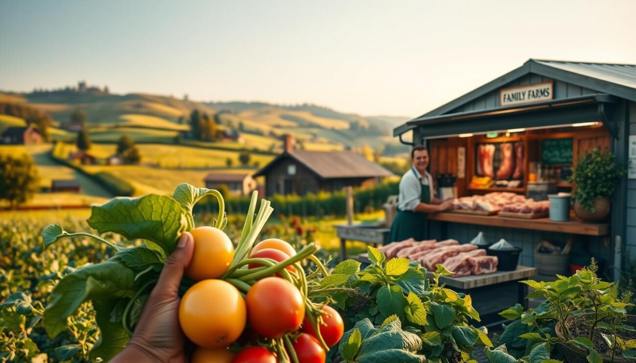 A lush, pastoral scene depicting the benefits of short food supply chains. In the foreground, a farmer proudly displays freshly harvested produce, their hands calloused from hard work. In the middle ground, a family-owned butcher shop showcases high-quality meats, the owner smiling as they interact with a satisfied customer. The background features rolling hills, dotted with small family farms and quaint villages, conveying a sense of local community and sustainability. Warm, golden lighting bathes the scene, creating a welcoming and inviting atmosphere. The overall impression is one of quality, authenticity, and the valued connection between producers and consumers.