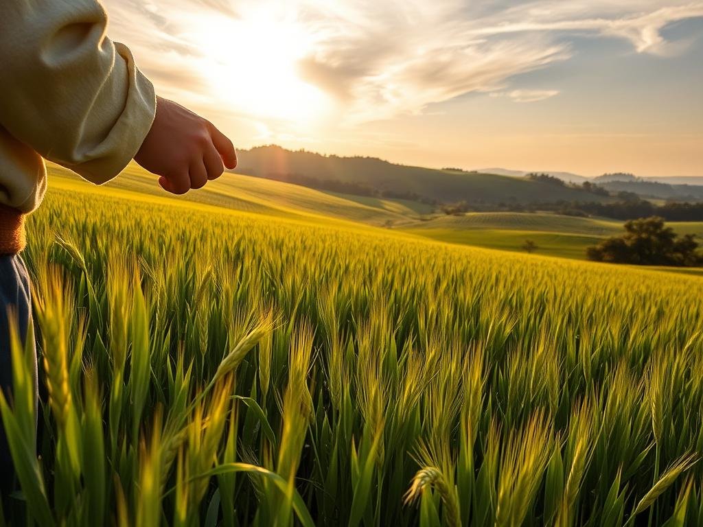 A lush, rolling field of organic, biodynamically-grown oats in the heart of the Tuscan countryside. The sun's golden rays filter through wispy clouds, casting a warm, earthy glow over the meticulously tended rows of verdant stalks. In the foreground, a farmer carefully inspects the crop, their weathered hands gently caressing the slender oat heads. The middle ground reveals the intricate patterns of the biodynamic planting techniques, where the oats intermingle with other complementary plants, creating a symbiotic, self-sustaining ecosystem. In the distance, the iconic Tuscan hills and olive groves provide a serene, pastoral backdrop, completing the idyllic scene of traditional, sustainable agriculture.