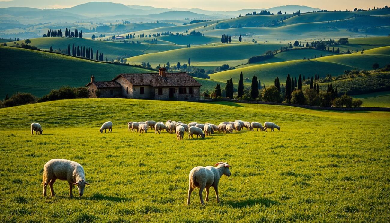 A lush, rolling landscape of verdant Italian pastures stretches out before the viewer. In the foreground, a herd of grazing sheep peacefully graze on the rich, verdant grasses, their woolly coats glistening in the warm, golden sunlight. The middle ground reveals a traditional stone farmhouse, its weathered walls and terracotta roof tiles blending seamlessly into the surrounding countryside. Beyond, distant rolling hills dotted with cypress trees and olive groves create a picturesque, timeless scene. The overall atmosphere evokes a sense of deep-rooted tradition, connection to the land, and the unhurried pace of rural life that has endured for generations in these hallowed Italian pastures. A lush, rolling landscape of verdant Italian pastures stretches out before the viewer. In the foreground, a herd of grazing sheep peacefully graze on the rich, verdant grasses, their woolly coats glistening in the warm, golden sunlight. The middle ground reveals a traditional stone farmhouse, its weathered walls and terracotta roof tiles blending seamlessly into the surrounding countryside. Beyond, distant rolling hills dotted with cypress trees and olive groves create a picturesque, timeless scene. The overall atmosphere evokes a sense of deep-rooted tradition, connection to the land, and the unhurried pace of rural life that has endured for generations in these hallowed Italian pastures.