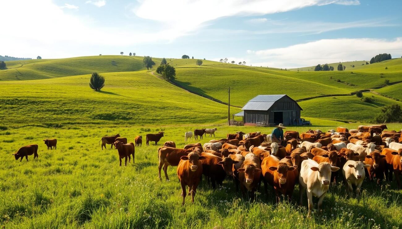 A lush, rolling pasture teeming with healthy livestock, their contented presence in harmony with the verdant landscape. Sunlight filters through wispy clouds, casting a warm glow over the scene. In the foreground, a farmer tends to the animals, their movements fluid and practiced, exemplifying the care and stewardship at the heart of sustainable farming. In the middle ground, a rustic barn stands as a testament to tradition, its weathered boards and tin roof blending seamlessly with the natural surroundings. The background features undulating hills, dotted with trees and wildflowers, a testament to the ecological balance maintained by this sustainable operation. The atmosphere exudes a sense of tranquility and balance, reflecting the delicate equilibrium between human activity and environmental preservation. A lush, rolling pasture teeming with healthy livestock, their contented presence in harmony with the verdant landscape. Sunlight filters through wispy clouds, casting a warm glow over the scene. In the foreground, a farmer tends to the animals, their movements fluid and practiced, exemplifying the care and stewardship at the heart of sustainable farming. In the middle ground, a rustic barn stands as a testament to tradition, its weathered boards and tin roof blending seamlessly with the natural surroundings. The background features undulating hills, dotted with trees and wildflowers, a testament to the ecological balance maintained by this sustainable operation. The atmosphere exudes a sense of tranquility and balance, reflecting the delicate equilibrium between human activity and environmental preservation.