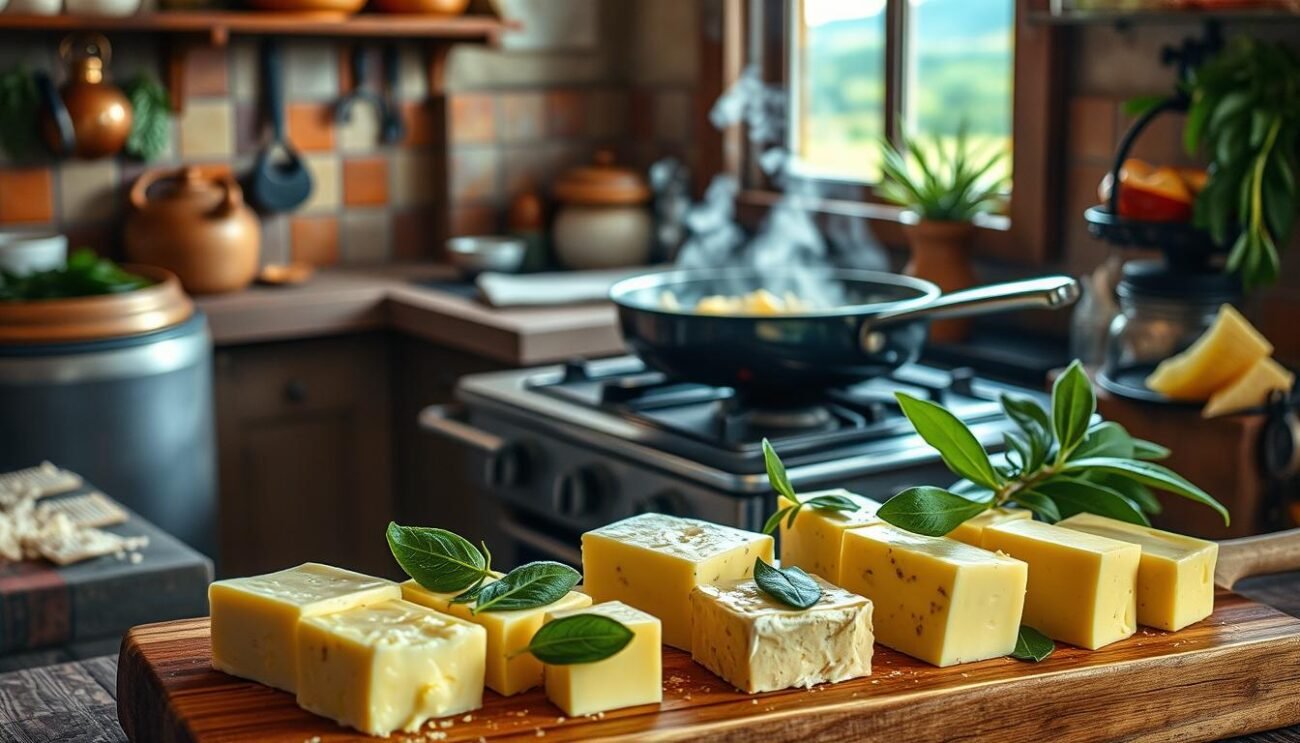 A lush, rustic Italian kitchen scene featuring various regional variations of the classic butter and sage dish. In the foreground, a wooden board displays an array of artisanal butters - some creamy and golden, others flecked with vibrant green sage leaves. In the middle ground, a sizzling pan atop a vintage stove emits fragrant steam, while fresh sage sprigs and a dusting of Parmesan cheese await to be added. The background is filled with the warm, cozy atmosphere of an Italian home, with terracotta tiles, copper cookware, and a window overlooking a picturesque countryside. The lighting is soft and inviting, creating a nostalgic, homemade ambiance.